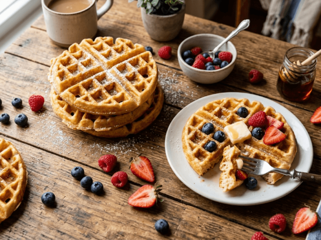 Gaufres moelleuses dorées avec fruits frais et sucre glace sur table en bois