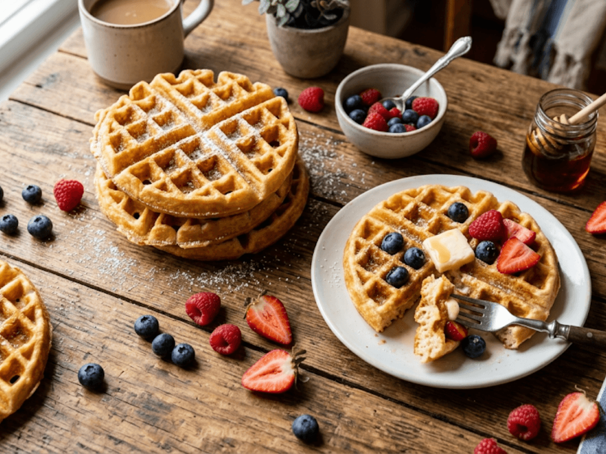 Gaufres moelleuses dorées avec fruits frais et sucre glace sur table en bois