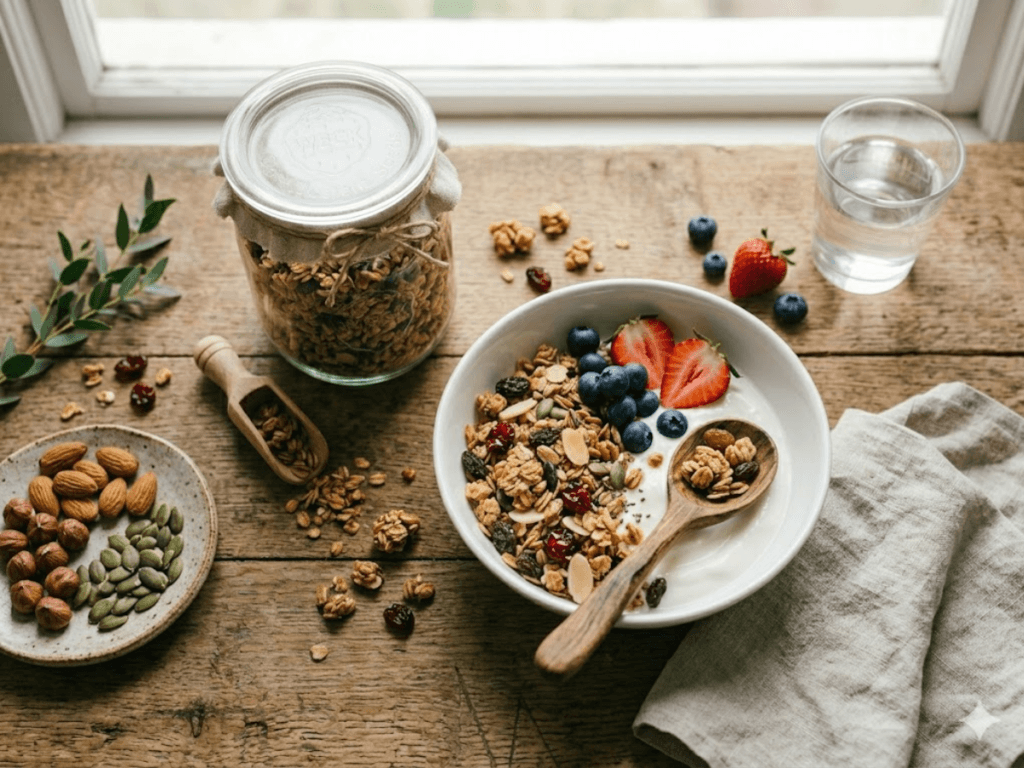 Granola maison croustillant avec flocons d'avoine dorés, fruits secs et yaourt