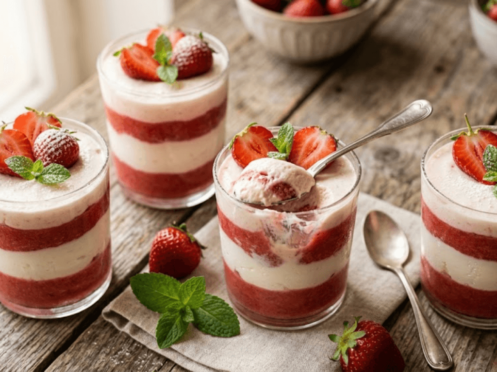 Mousse mascarpone fraise menthe en verrines avec couches roses et blanches