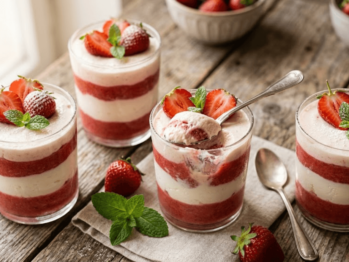 Mousse mascarpone fraise menthe en verrines avec couches roses et blanches