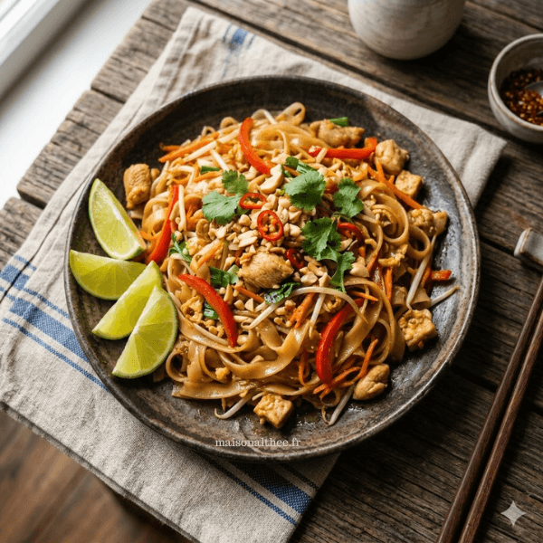 Nouilles sautées thaï colorées avec légumes croquants et cacahuètes dans une assiette
