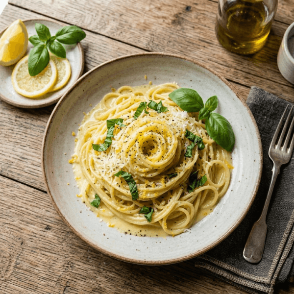 Pasta al limone facile crémeuses avec sauce citronnée et basilic frais