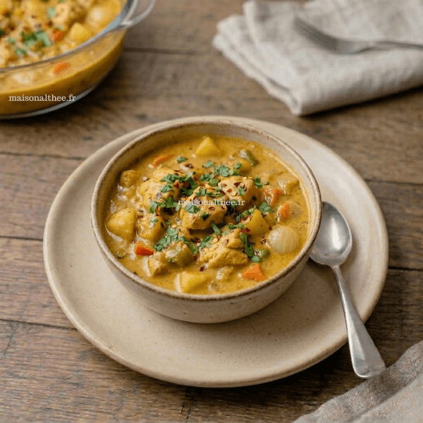 Poulet curry coco rapide crémeux et parfumé dans une assiette avec riz