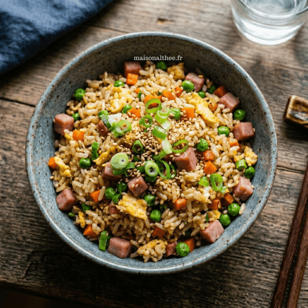 Riz cantonais maison avec œufs, jambon, petits pois et carottes dans un bol