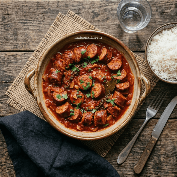 Rougail saucisse facile réunionnais avec saucisses fumées en sauce tomate épicée