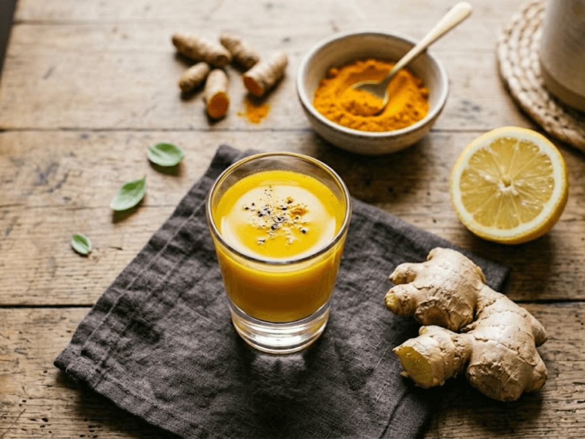 Shot gingembre citron curcuma détox avec ingrédients frais sur table en bois