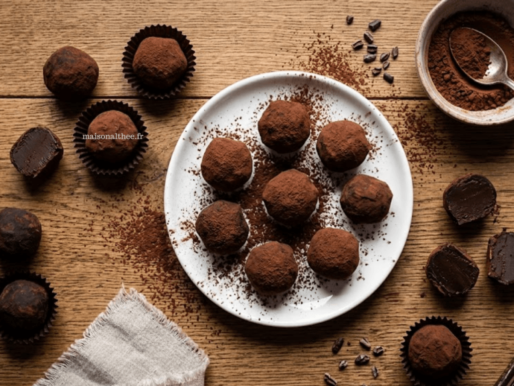 Truffes au chocolat maison enrobées de cacao en poudre sur une assiette
