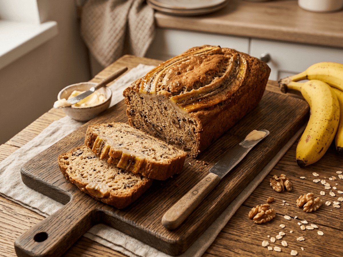 Banana bread moelleux tranché sur planche en bois avec bananes fraîches
