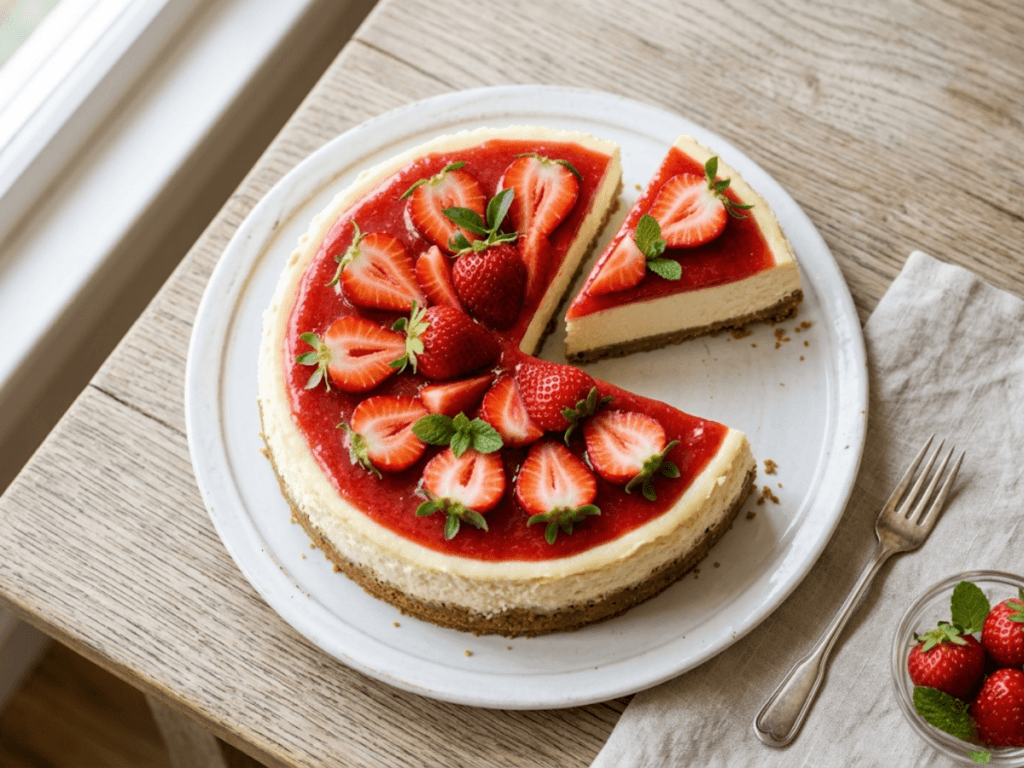 Cheesecake aux fraises facile avec garniture crémeuse et fraises fraîches