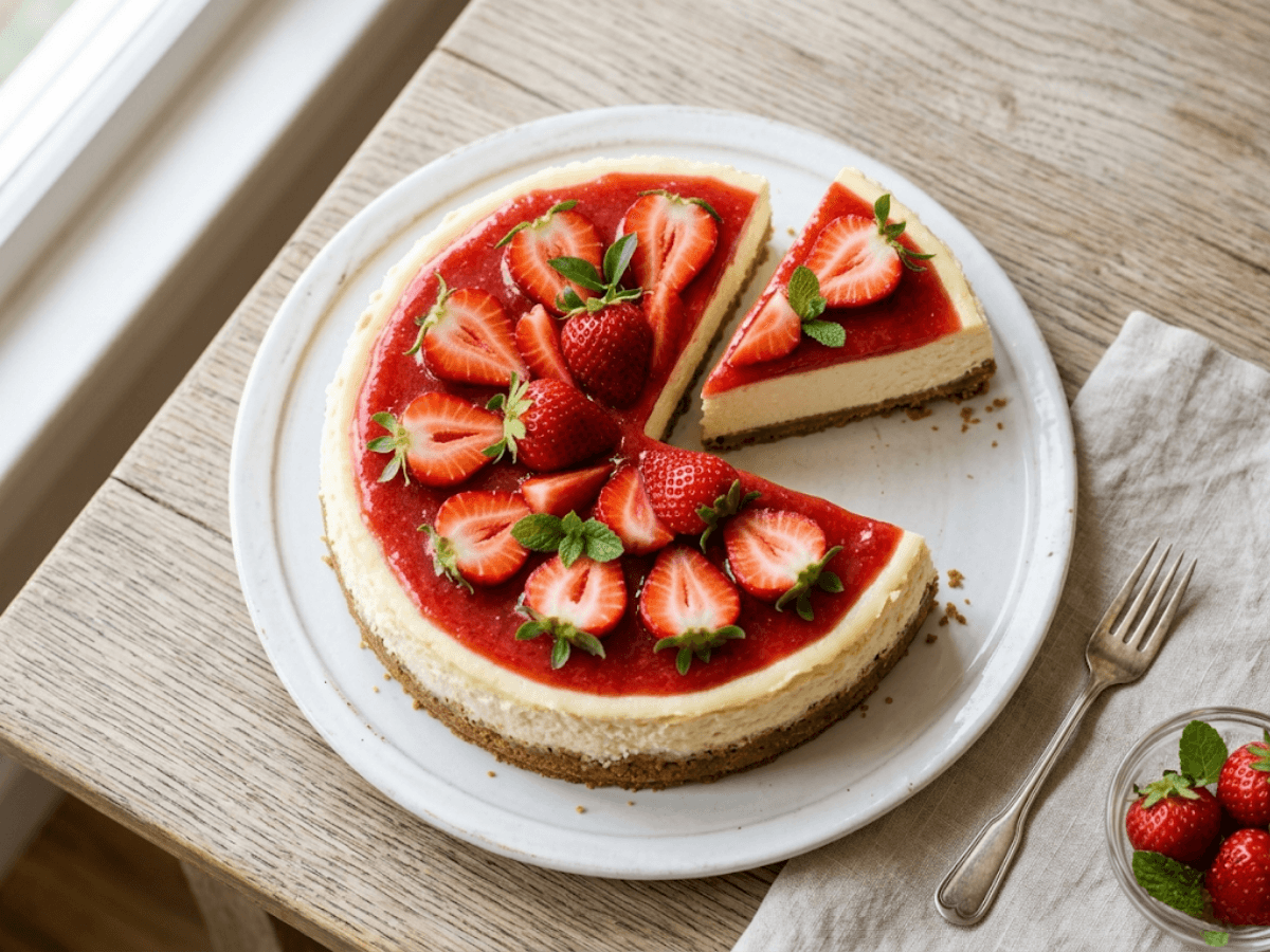 Cheesecake aux fraises facile avec garniture crémeuse et fraises fraîches