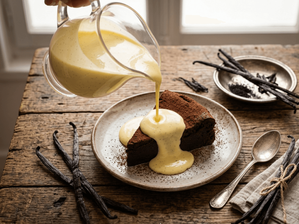 Crème anglaise vanillée onctueuse versée sur un dessert