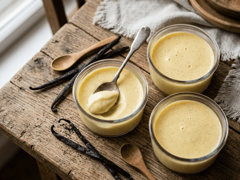 Crème dessert vanille onctueuse dans des ramequins en verre