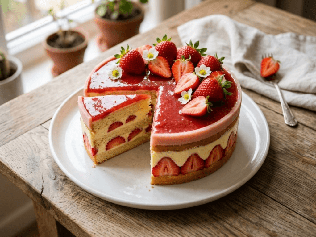 Fraisier maison avec génoise crème pâtissière et fraises fraîches disposées