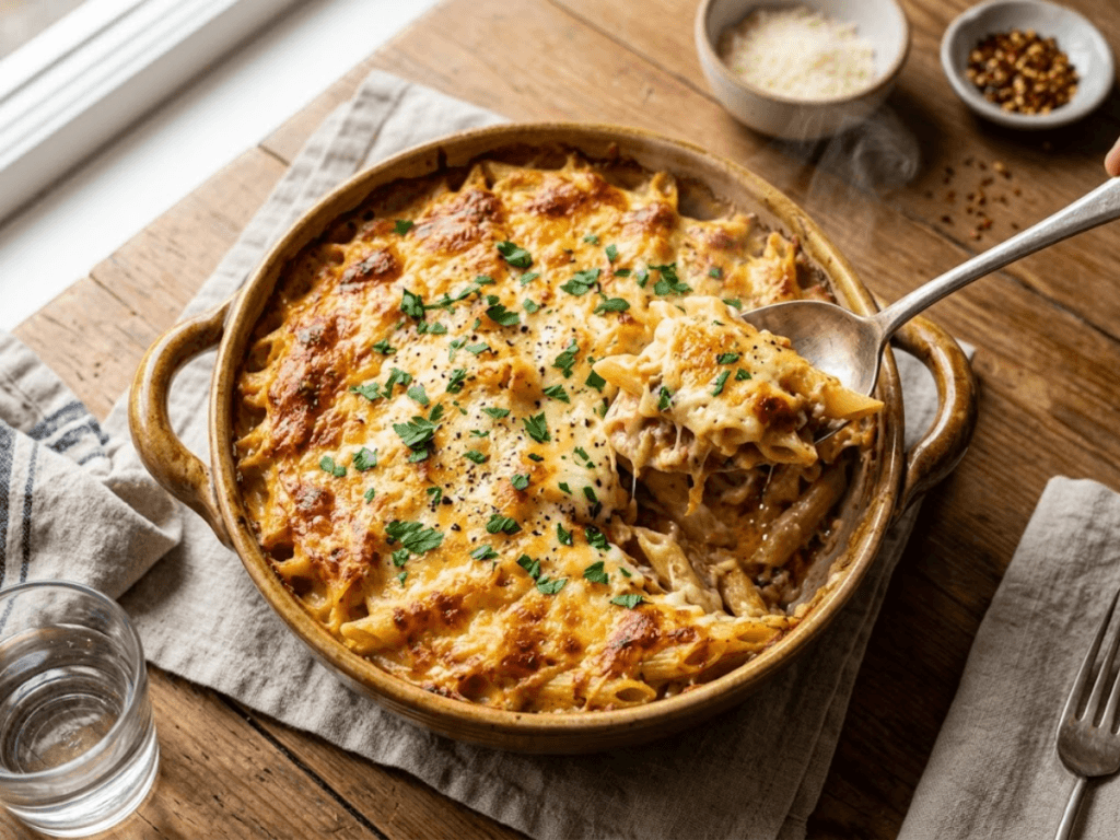 Gratin de pâtes maison avec croûte de fromage doré et sauce crémeuse