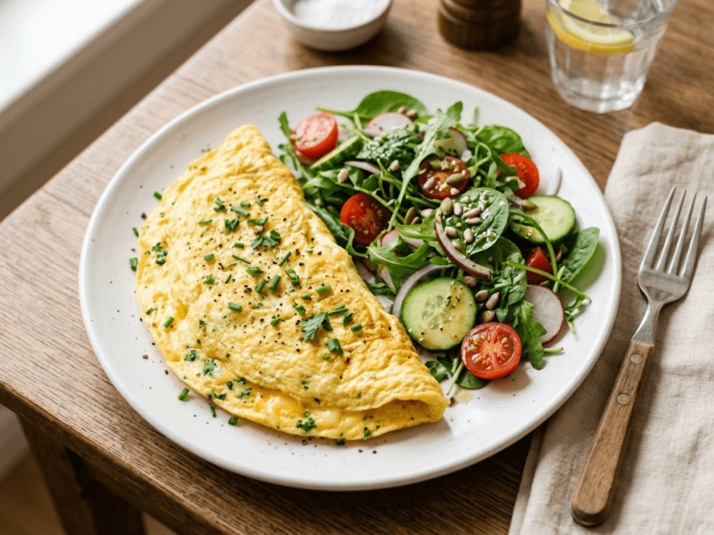 Omelette moelleuse avec salade verte croquante