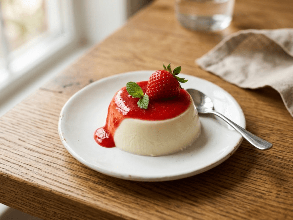 Panna cotta facile avec coulis de fraises et fraise fraîche