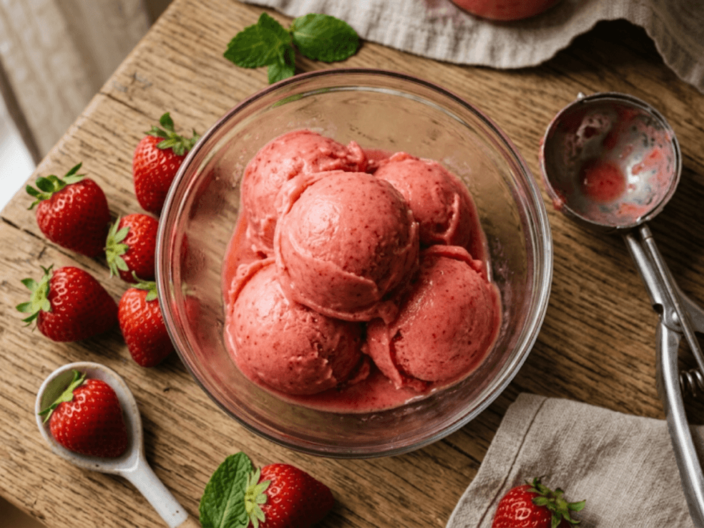 Sorbet à la fraise maison onctueux sans sorbetière avec fraises fraîches