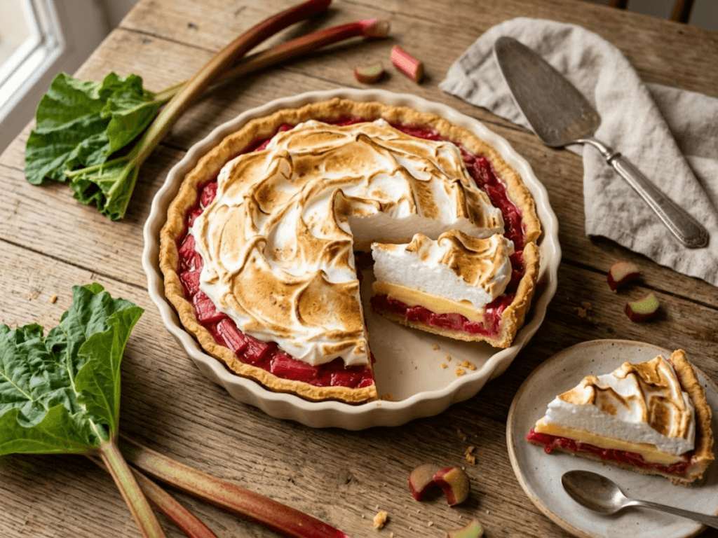 Tarte à la rhubarbe meringuée avec meringue dorée et rhubarbe rouge