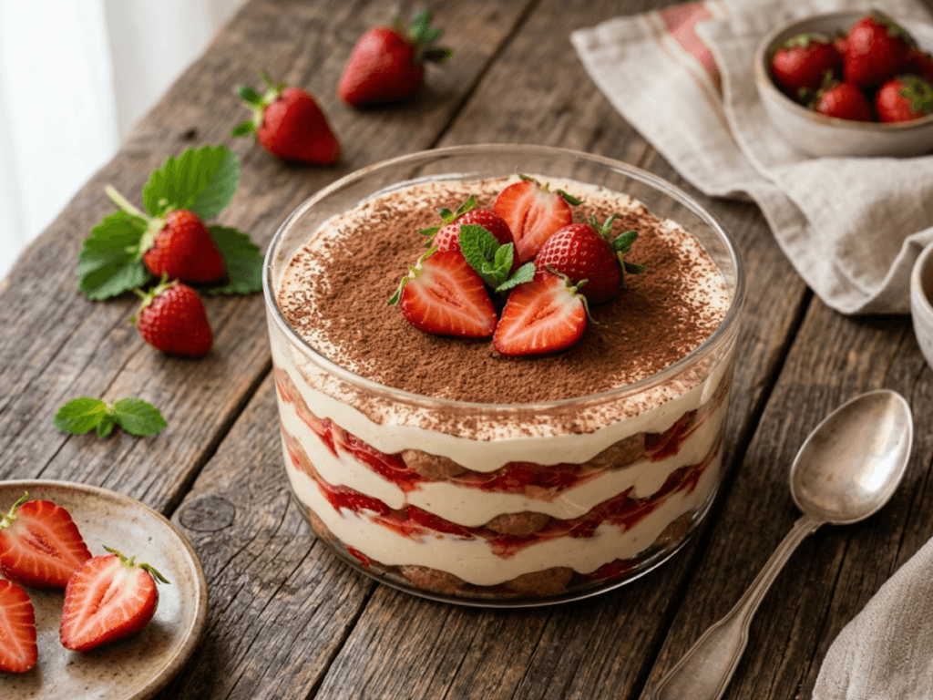 Tiramisu aux fraises facile en verrines avec mascarpone et fraises fraîches