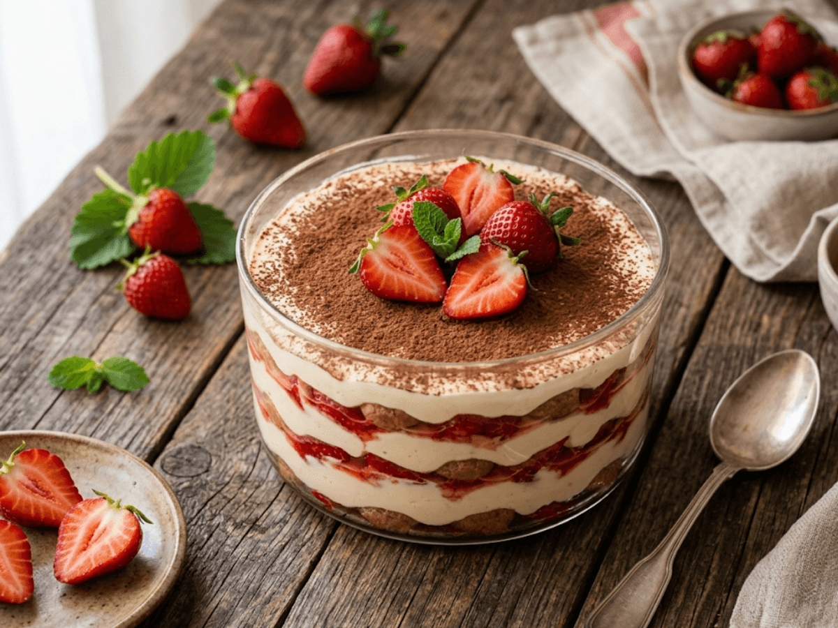 Tiramisu aux fraises facile en verrines avec mascarpone et fraises fraîches
