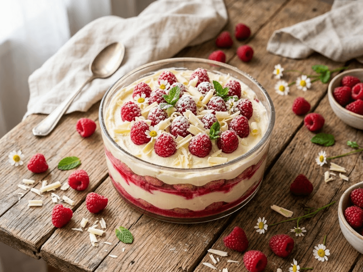 Tiramisu printanier aux framboises avec mascarpone et couches roses