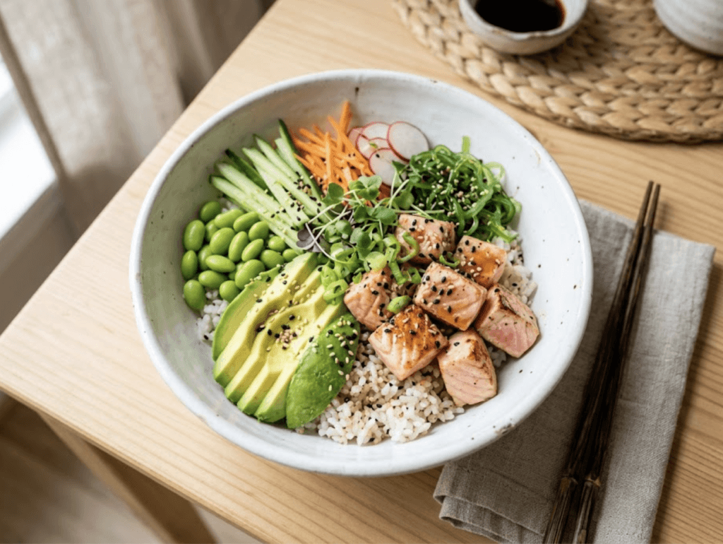 Poke bowl saumon avocat light équilibré frais et savoureux