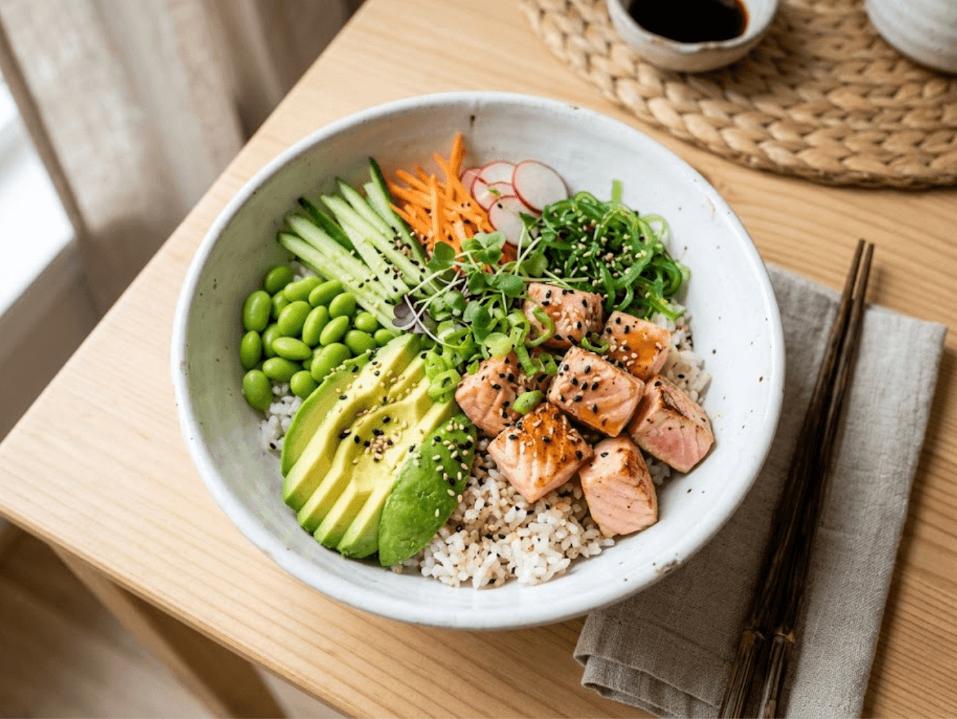 Poke bowl saumon avocat light équilibré frais et savoureux