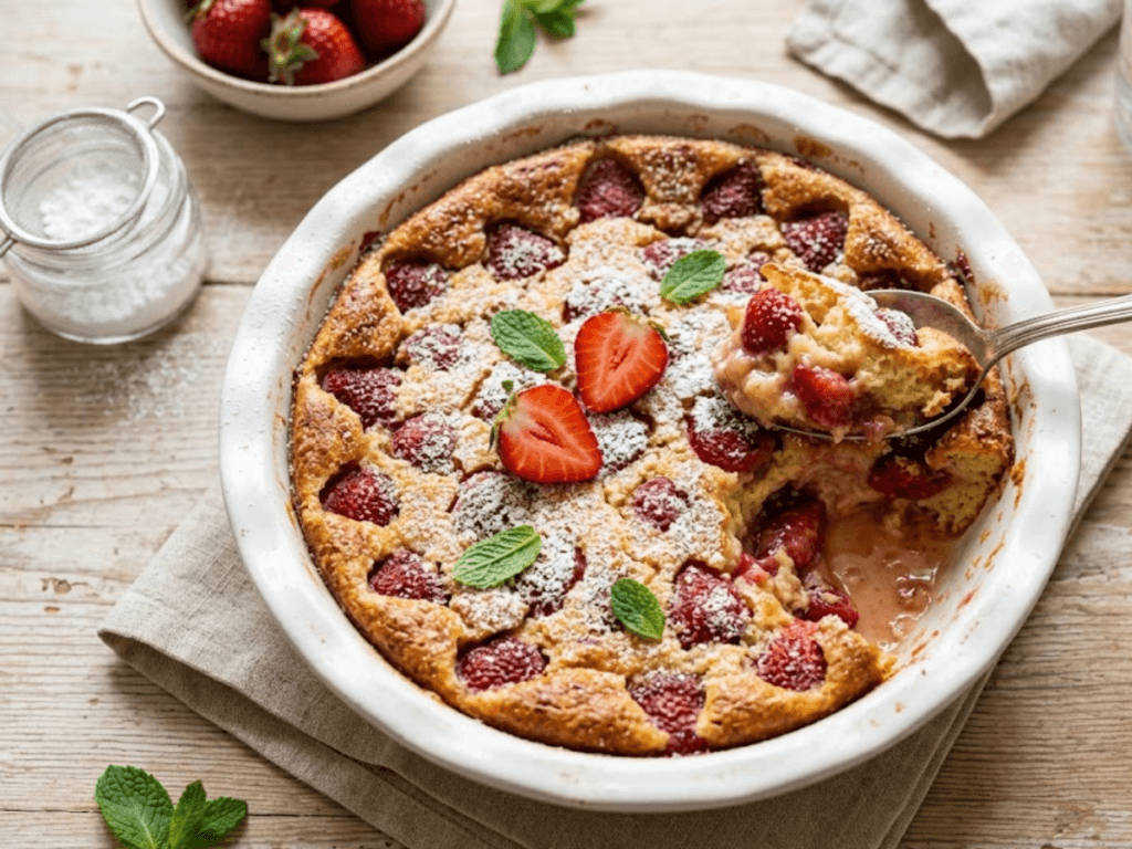 Clafoutis aux fraises moelleux doré avec génoise et fraises fraîches