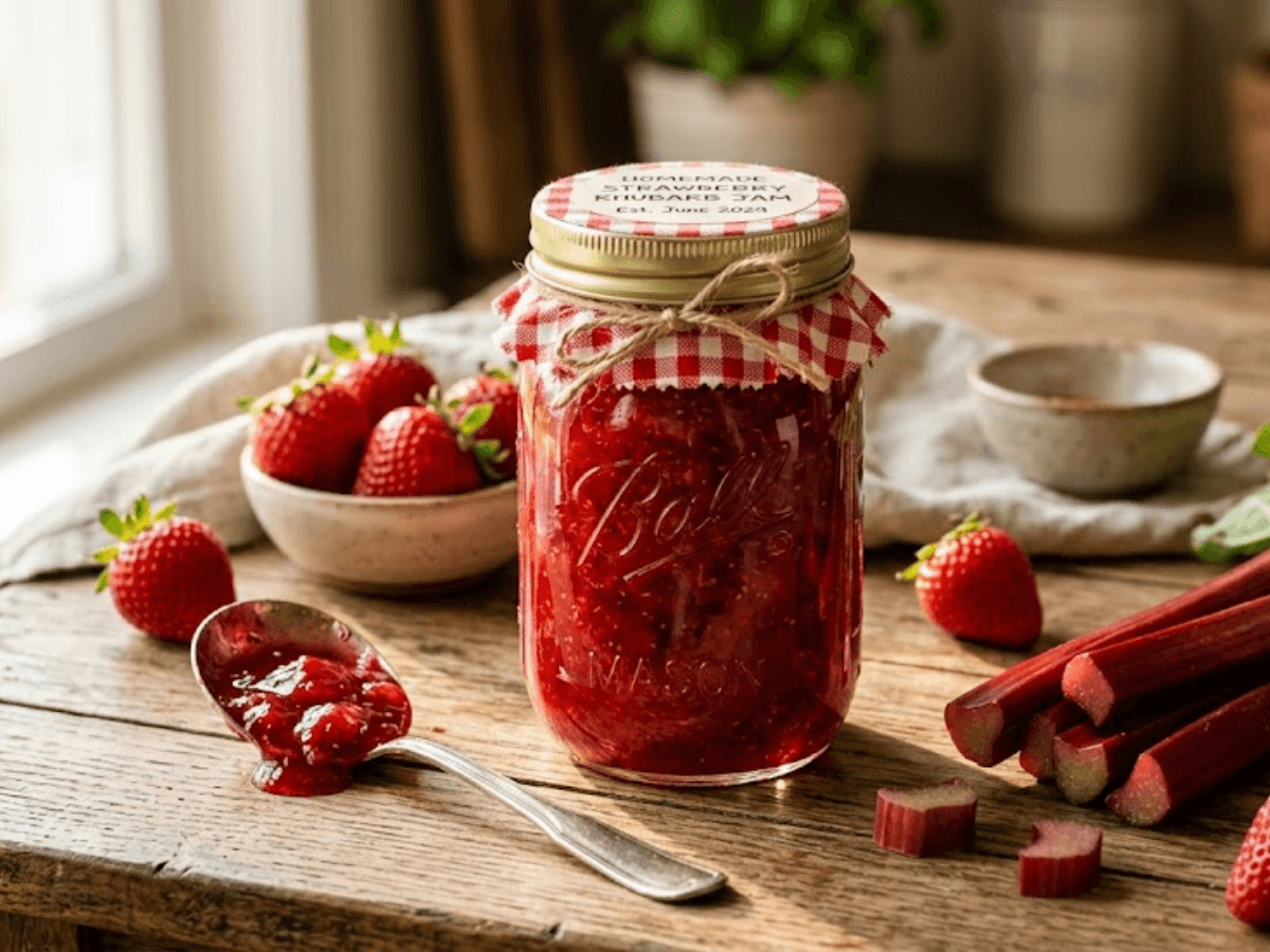 Confiture fraise rhubarbe maison gourmande dans bocal en verre