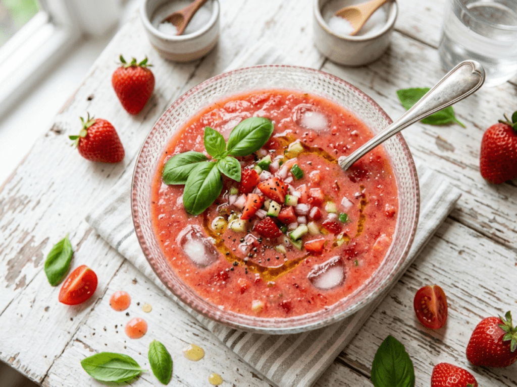 Gazpacho fraise tomate frais et léger avec glaçons et basilic