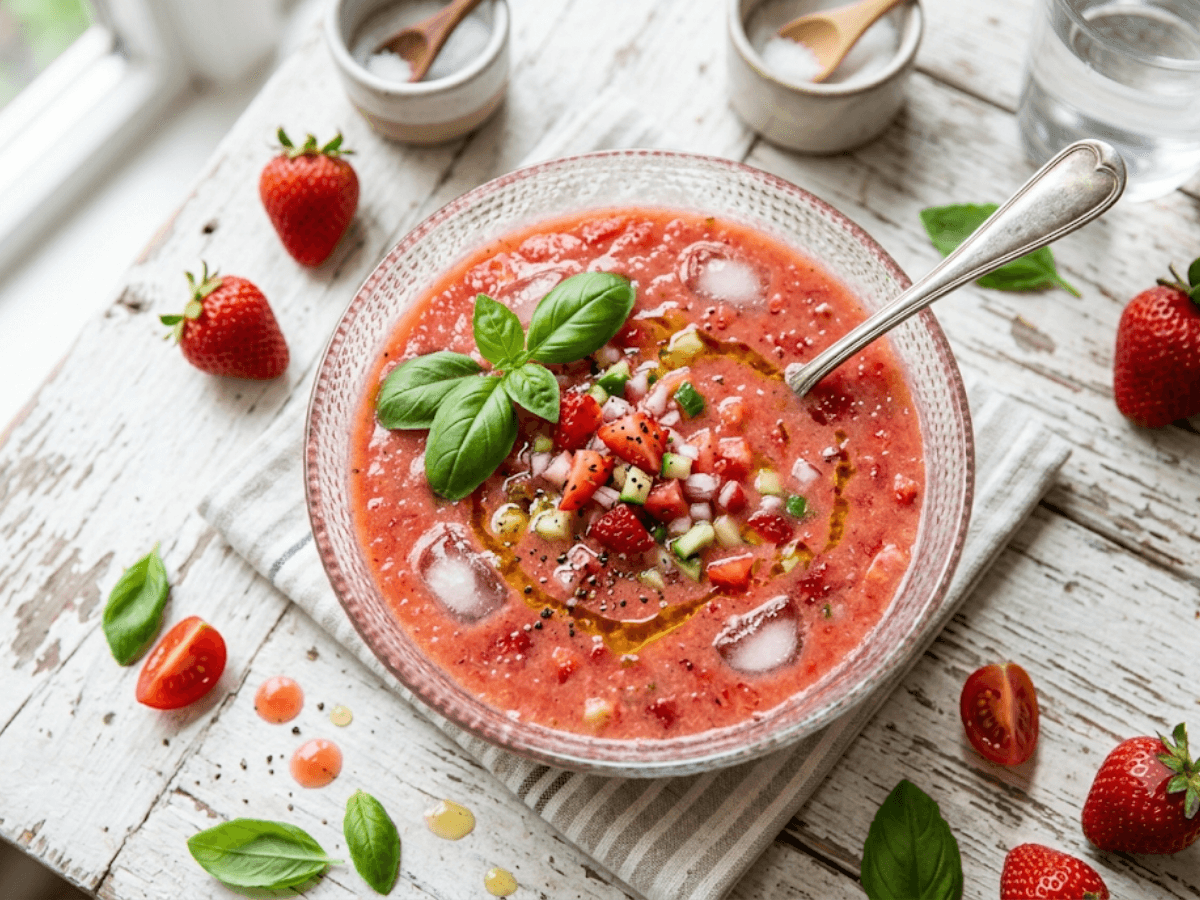 Gazpacho fraise tomate frais et léger avec glaçons et basilic