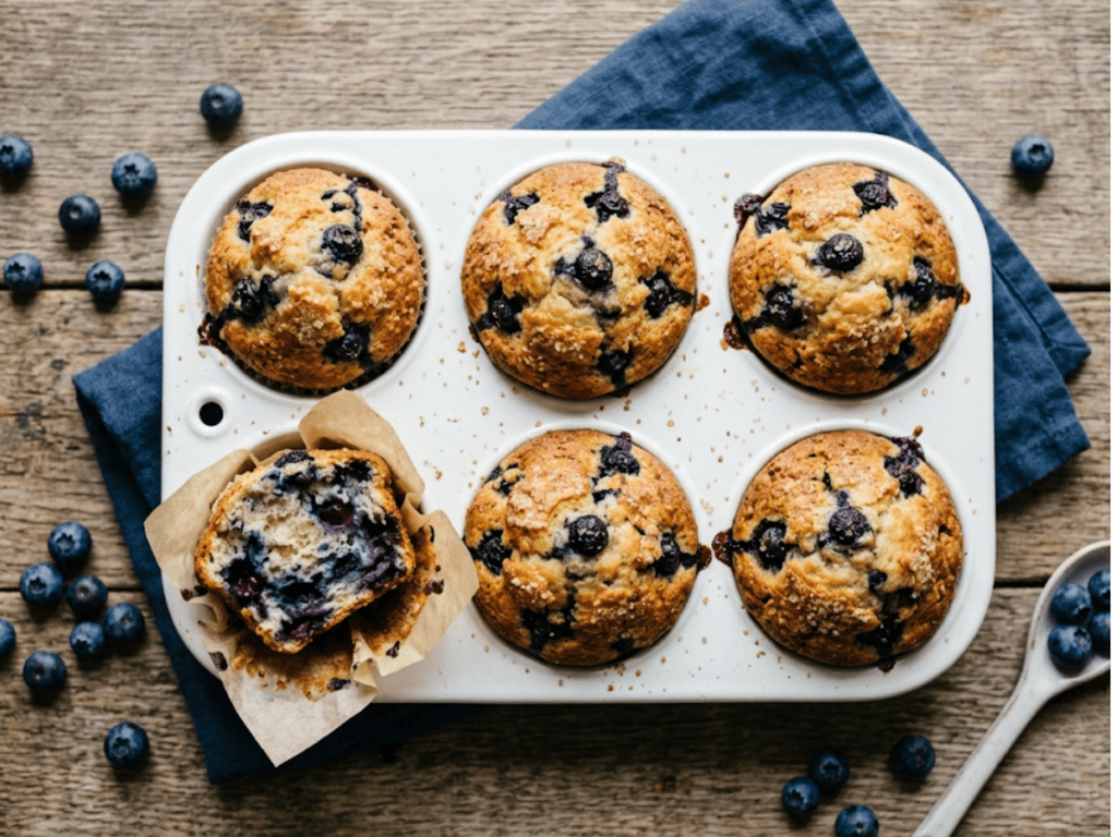 Muffins aux myrtilles façon américains moelleux avec dômes hauts dorés