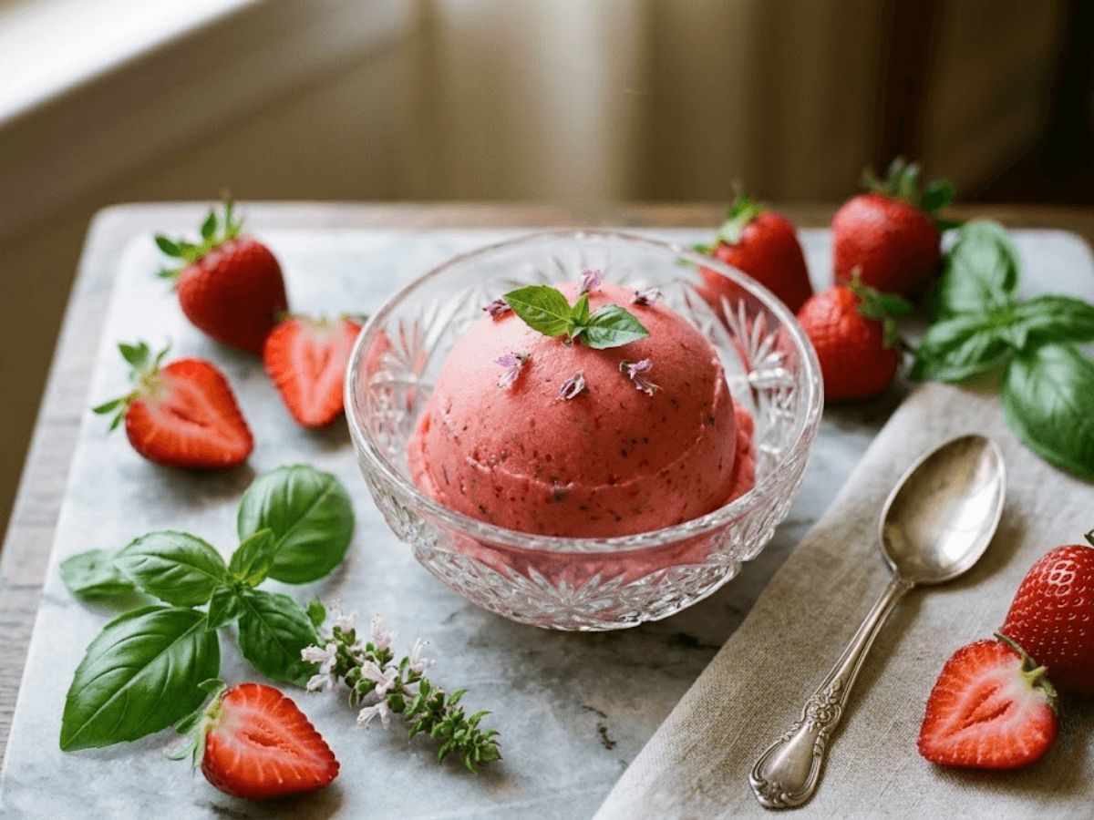 Sorbet fraise basilic gourmand raffiné avec feuille de basilic