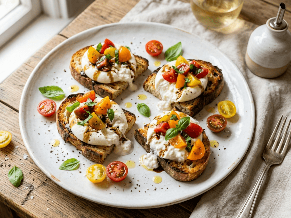 Bruschettas tomate burrata apéritif estival gourmand